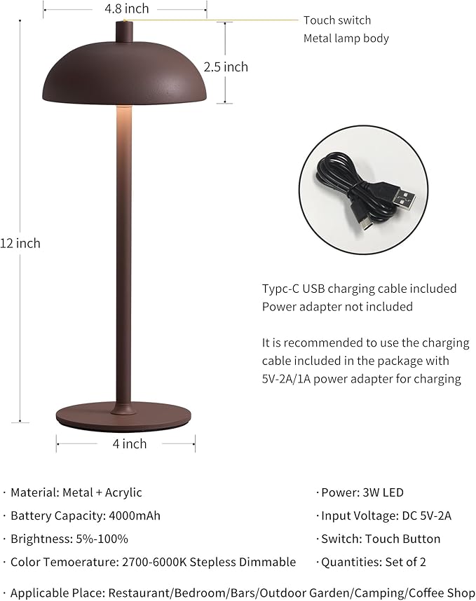 Cordless LED 12" Small Table Lamps Set of 2, Modern Portable Desk Lamp, 3 Color Dimming Rechargeable Battery Lights, for Bedroom, Outdoor, Restaurant, Bedside, Baby Night Light, Gifts (Brown)