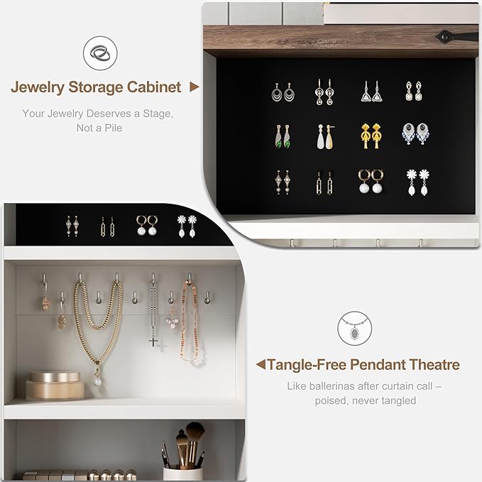 Farmhouse Makeup Vanity Desk with Sliding Mirror and Lights, Glass Desktop Makeup Vanity Desk with Charging Station, 3-Tier Hidden Slide-Out Vanity Shelves, Jewelry Storage Cabinet, 2 Drawers-White