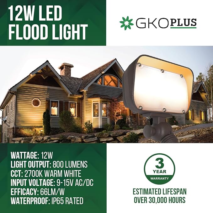 GKOLED 12W LED Flood Lights Outdoor, Aluminum Low Voltage Security Lights, Knuckle Mount Waterproof Wall Light, Landscape Lighting for Yard House Garden Garage, 9-15V, 800 Lumen, 3000K, Brown