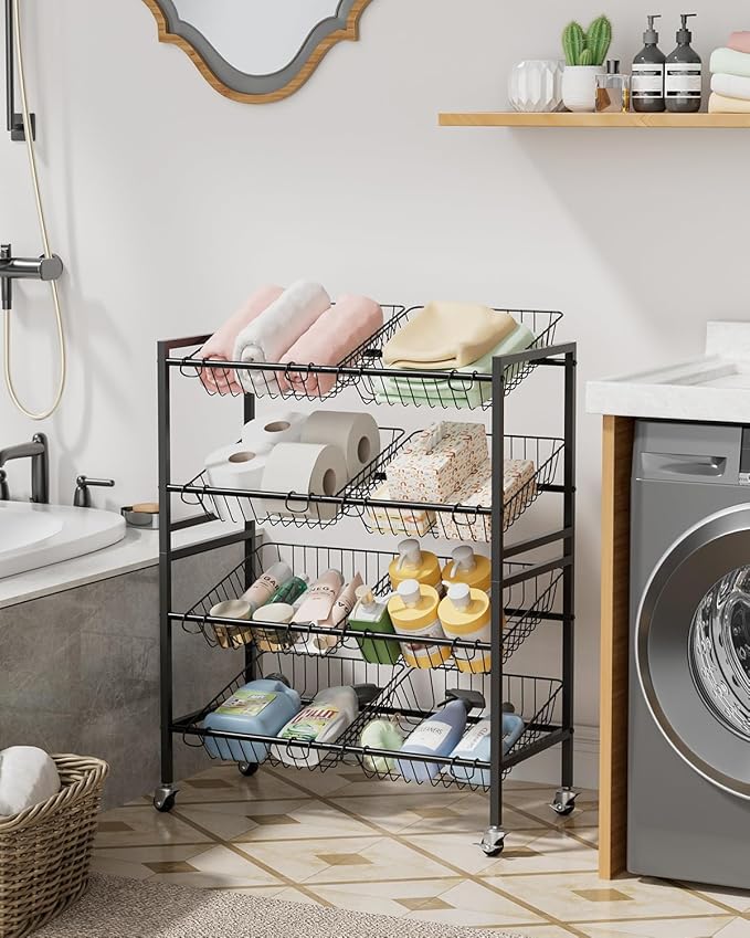 25.2''W Kitchen Storage Cart, Rolling Snack Cart, 4 Tier Fruit Basket Stand, Metal Pantry Storage with 8 Stackable Wire Baskets, Black