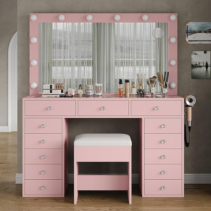Vanity Desk with Mirror and Lights, 13 Drawers Makeup Vanity with Glass Top, 3 Color Lighting Modes, Makeup Vanity with Chair for Bedroom (Pink)