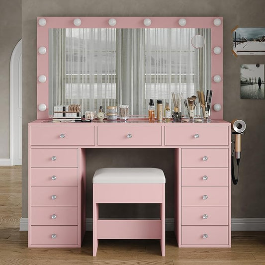 13 Drawers Vanity Desk, 47''W Makeup Vanity with Power Outlet, Vanity Table with Mirror and 12 LED Bulbs, 3 Color Lighting Modes, Glass Top, Dressing Table for Bedroom (Pink)