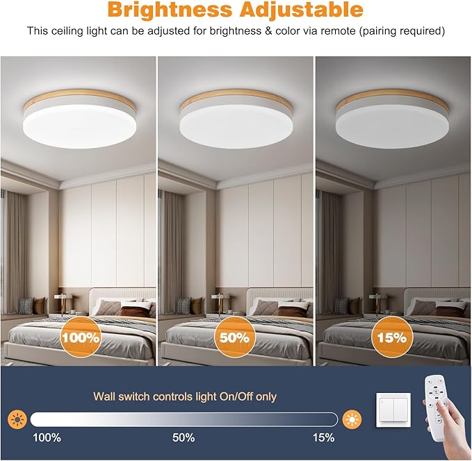 Modern Dimmable White Ceiling Lights with Remote, 11.8in Wood Flush Mount Ceiling Light Fixtures, 24W 3000K-6000K Color Adjustable, 2200LM Round Ceiling Lamp for Bedroom, Kitchen, Hallway