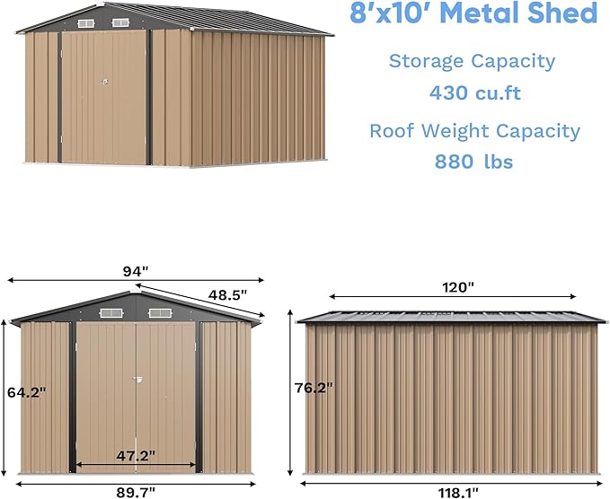 Greesum 8×10FT Outdoor Storage Shed, Metal Patio Storaged Sheds with Lockable Doors, Sheds & Outdoor Storage for Bike, Backyard, Pool and Garden, Brown