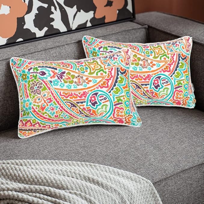 FUNHOME Outdoor Indoor Lumbar Pillow Covers ONLY, No Insert! Water-Repellent Patio Lumbar Cases 12” x 20”, Throw Pillowcase Shell for Couch Garden Furniture Use -Melora Paisley