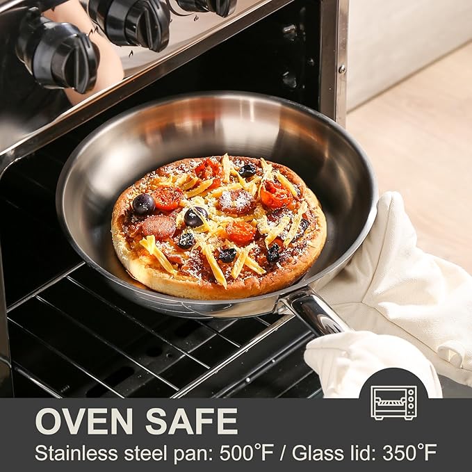 DELUXE Stainless Steel Frying Pan with Lid, 11-Inches Oil Gather Pro Skillet with 3-Ply Heavy Bottom, PFOA Free Frying Pot with Stay-Cool Handle Compatible with All Stoves, Dishwasher Oven safe