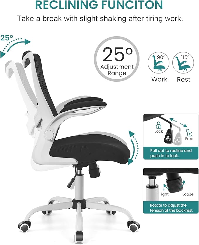 Office Chair, Ergonomic Desk Chair with Adjustable Lumbar Support and Flip up Armrest, Breathable Mesh Computer Chair for Home Office, White