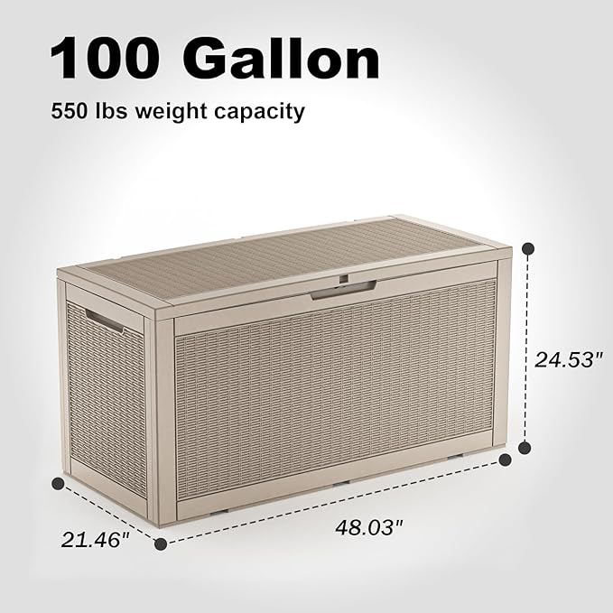 100 Gallon Waterproof Large Resin Deck Box, Lockable Storage Container for Patio Cushions, Garden Tools, Indoor & Outdoor (Brown)