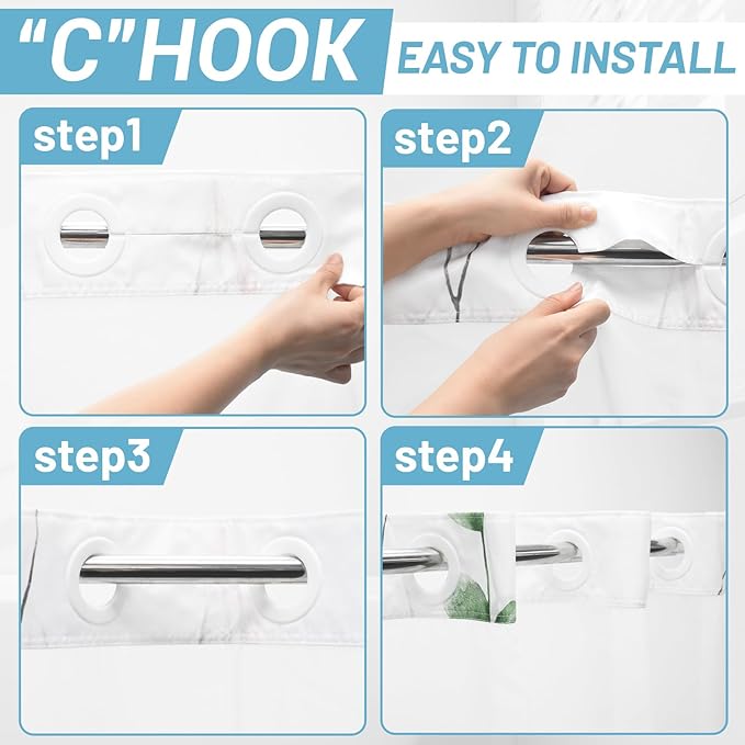 No Hook Shower Curtain with Snap in Liner - Floral Shower Curtain - Fabric Waterproof Inner Liner, Plants Watercolor Sage Green Modern Cloth Shower Curtains - Machine Washable, 71 x 77