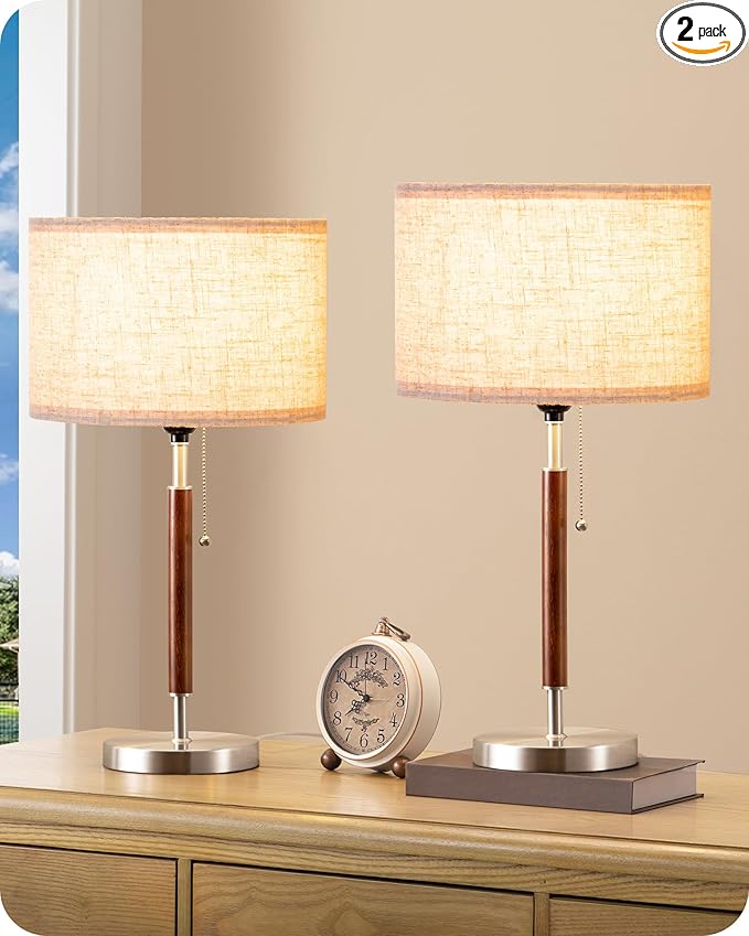 EDISHINE Mid Century Table Lamp Set of 2, Pull Chain Switch Bedside Lamp, Linen Shade, Solid Wood Pole & Brushed Nickel Metal Base, Modern Nightstand Lamp for Bedroom, Living Room, Office, E26 Base
