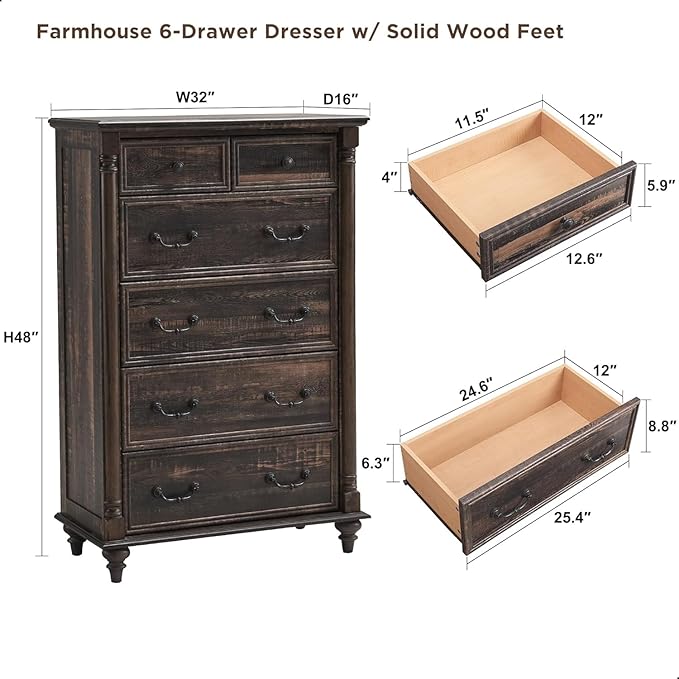 T4TREAM Farmhouse 6 Drawers Dresser Chests for Bedroom w/4 Solid Wood Feet & Column Decor, Tall Wood Country Rustic Chest of Drawers, Storage Dressers for Bedroom, Living Room, Dark Rustic Oak
