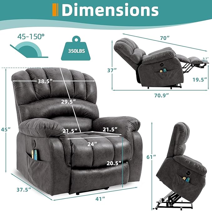 MEETWARM Tall Man Large Power Lift Electric Recliner Chair with Extended Footrest for Elderly, Overstuffed Wide Recliner with Heat & Massage, 2 Remote Controls, Side Pockets, USB Ports(Gray)