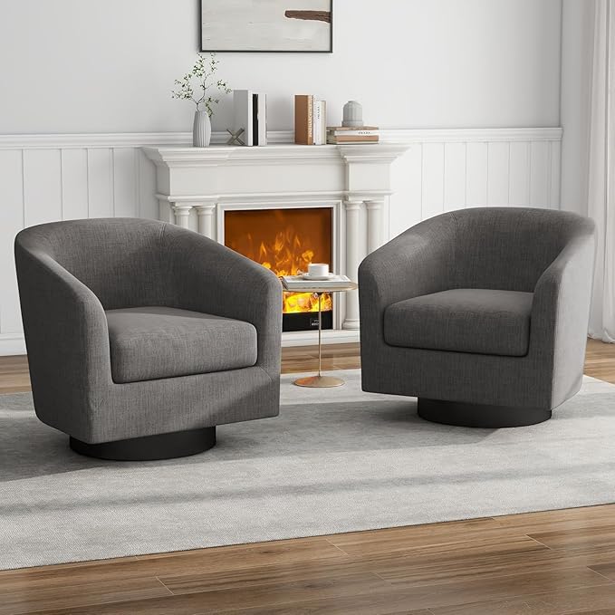 UIXE Swivel Accent Chairs Set of 2, Barrel Club Chair Fabric Upholstered Armchair for Living Room, Round Arm Chair Bedroom Single Sofa Side Reading Seat - Dark Gray