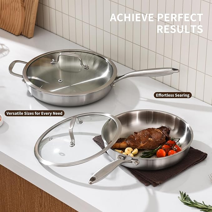 10-Inch Tri-Ply Stainless Steel Pan, PFOA and PTFE-Free Skillet Griddle, Stainless Steel Pan Set with Lid for the Kitchen, Induction-Compatible Cookware Sets, Dishwasher and Oven Safe