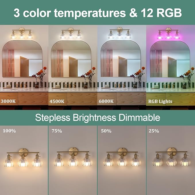 Battery Operated Bathroom Light Fixtures, 3-Light Brass Vanity Wall Light with 5000mAh Rechargeable Bulb Over Mirror with Clear Tulip Glass Shade for Bedroom Living Room