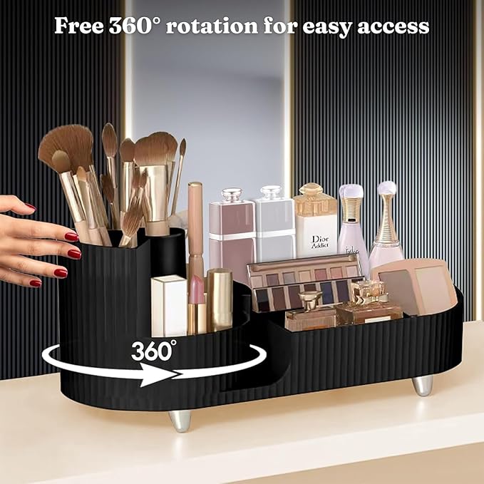 Rotating Cosmetic Organizer, Plastic Countertop Makeup Organizer with Makeup Brush Holder, Large Capacity Cosmetic Display Case, Countertop Makeup & Perfume Organizer with 9 Partitions (Black)