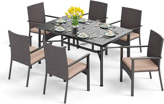 PHI VILLA 7 Piece Outdoor Dining Set for 6, 64" Metal Steel Dining Table with Umbrella Hole & Cushioned Rattan Chairs for Patio, Yard, Porch, Deck