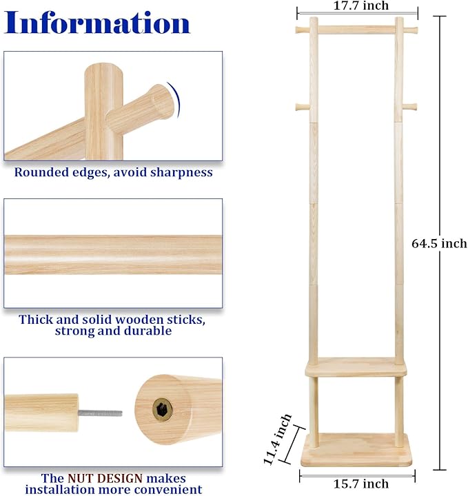 Wooden Coat Rack Freestanding,Hall Tree with Sturdy Base,Clothing Rack for Hanging Clothes,Small Clothes Rack with 3 Storage Shelves,Space Saving for Entryway, Hallway, Bedroom (Natural)