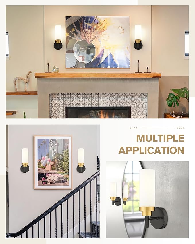 Emak Modern Wall Sconce, Black Gold Bathroom Light Fixtures with Milk Glass Shade, 2 Pack Wall Lamp for Bathroom, Bedroom, Living Room, Hallway, WS085-BKBGD-ML-2PK