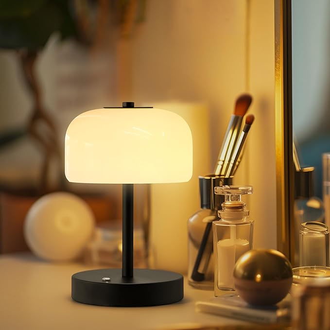 Oneach 2 Pack Cordless Table Lamps, 9" Portable Rechargeable Battery Powered Desk Lamp, Opal Glass Shade, 3 Level Brightness Dimmable, Mushroom Table Lamps for Bedroom, Living Room, Outdoor, Black