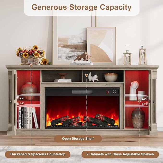 Farmhouse Fireplace TV Stand Up to 80" TVs, 70" Modern Highboy Entertainment Center with 36" Electric Fireplace & LED Lights, Media Console with Adjustable Shelves for Living Room, Gray