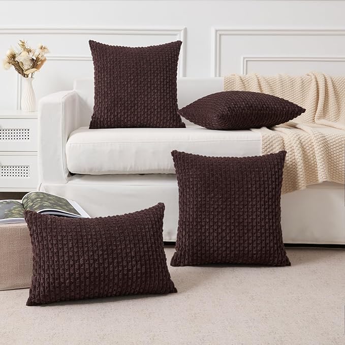 Kevin Textile Decorative Pillow Covers Set of 2 Striped Plush Corduroy Pillows Pillowcases Boho Home Decor Cushion Covers for Couch Sofa Bed Living Room 18x18 Inch, Coffee