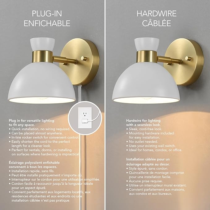 GLOBE Electric 65000099 1-Light Plug-in or Hardwire Wall Sconce, Matte Brass, Matte White Pivoting Metal Shade, 6ft Clear Cord, in-Line Rocker Switch, Wall Lights for Living Room, Bedroom, Den