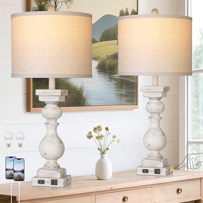 28" Tall Farmhouse Table Lamps Set of 2 with USB C+A Ports and AC Outlet, 3 Way Touch Tall Rustic Bedside Lamps for Living Room, Off White Vintage Lamps for Bedroom Nightstand