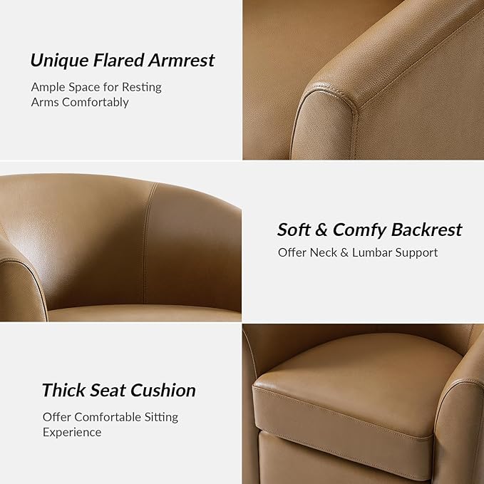 HULALA HOME Genuine Leather Swivel Accent Chairs Set of 2 with Solid Wood Base, Round Swivel Barrel Chairs for Living Room and Bedroom, Camel