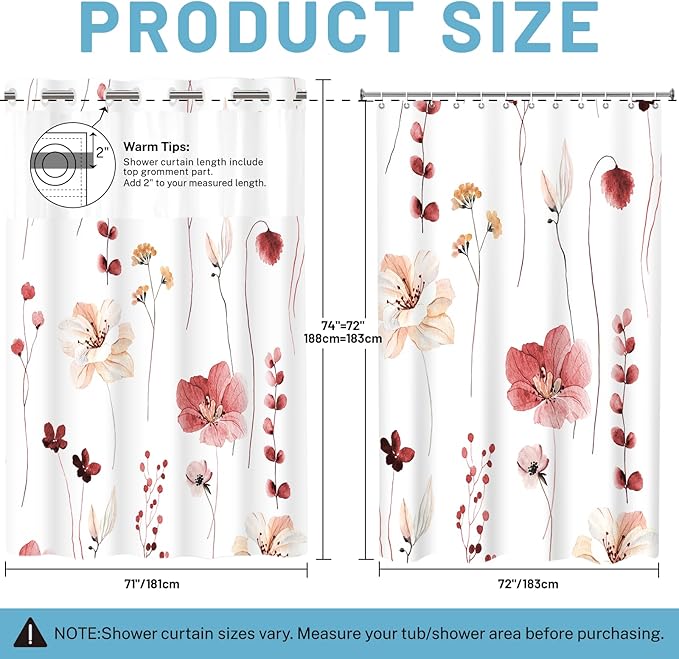 No Hook Shower Curtain with Snap in Liner - Floral Shower Curtain - Fabric Waterproof Inner Liner, Plants Watercolor Red Modern Cloth Shower Curtains - Machine Washable, 71 x 74