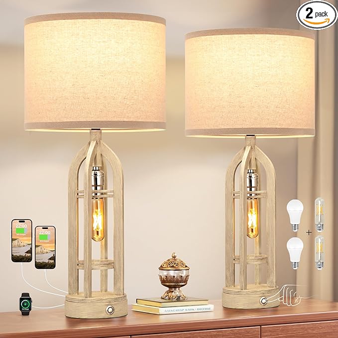 Seealle Table Lamp for Living Room Set of 2 - White Bedside Lamp for Bedroom with USB C+A & Outlet, Farmhouse Lamps for Night Stands, 3-Way Dimmable Touch Lamps for Living Room