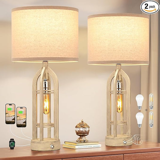 Seealle Table Lamp for Living Room Set of 2 - White Bedside Lamp for Bedroom with USB C+A & Outlet, Farmhouse Lamps for Night Stands, 3-Way Dimmable Touch Lamps for Living Room