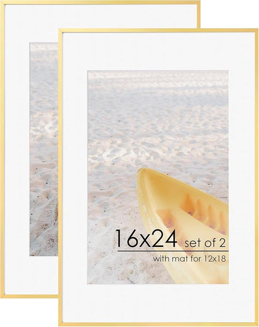 16x24 Frame | 16x24 Gold Frame With Mat For 12x18 | Metal Aluminum Picture Frame With Tempered Glass | Minimalist Modern Poster Frame | Hanging Hardware Included | Set of 2, Gold