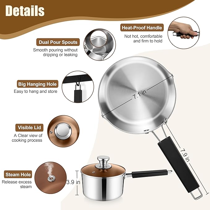 E-far 3 Quart Sauce Pan with Lid, Stainless Steel Tri-Ply All Clad Small Cooking Pot with Pour Spout, Multipurpose Induction Saucepan & Stay-Cool Handle, Compatible with All Cooktops, Dishwasher Safe
