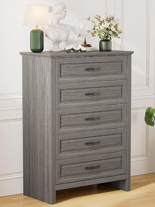 Pipishell Grey 5 Drawers Dresser Chests for Bedroom, 42.7 Inch Tall Wooden Dresser, Farmhouse Storgae Organizer with Large Drawers & Bar Handles for Bedroom, Entryway, Hallway, Grey