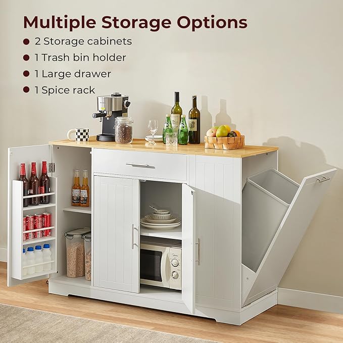 53" Long Kitchen Island with Trash Can Storage, White Kitchen Cart with Garbage Bin 10 Gallon, Portable Island with Trash Can, Wood Top, Spice Rack and Drawers