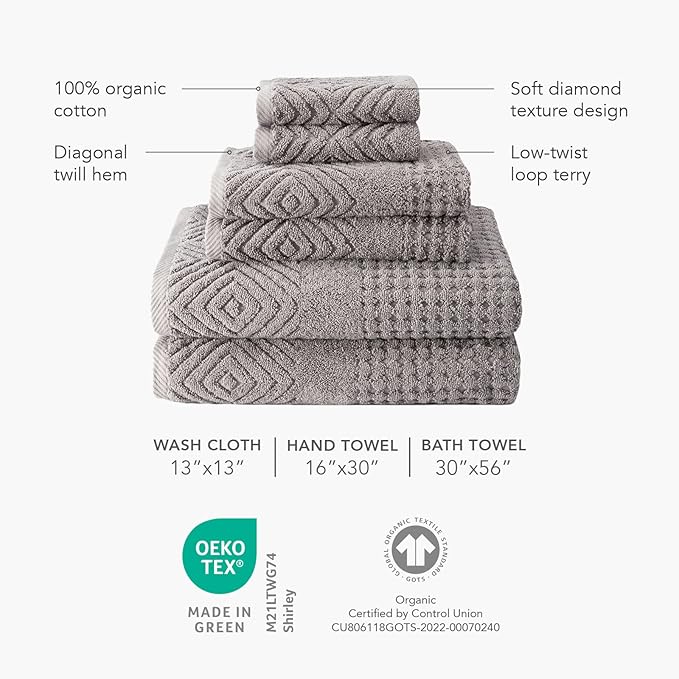 Texere 100% Organic Cotton Diamond Jacquard 700 GSM Luxury Bath Towel Sets - Ultra Soft and Absorbent Hotel Quality, 2 Large Bath Towels, 2 Hand Towels, 2 Washcloths (Diamond, Charcoal, 6 Piece)