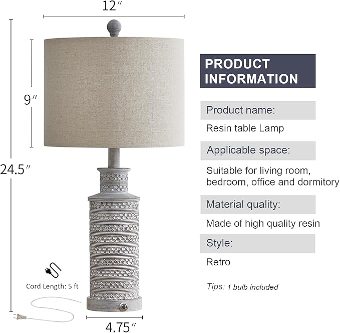 BOBOMOMO USB A+C 3-Way Dimmable Touch Control Table Lamp Set of 1 Vintage Rustic Farmhouse Traditional Nightstand Bedside Lamps(1 Bulb Included)