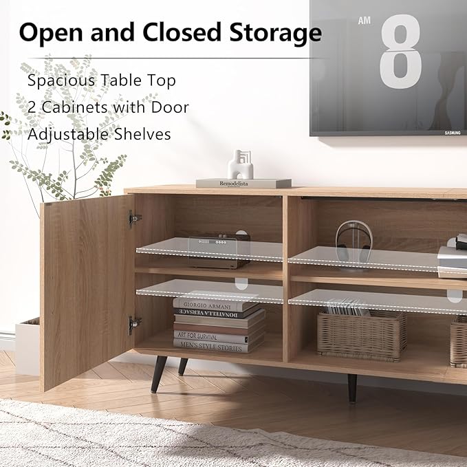 AUXSOUL 80 Inch Mid Century Modern TV Stand for 75 Inch TV, Wood TV Stand with Storage, Entertainment Center for Living Room Bedroom, TV Media Console, Oak