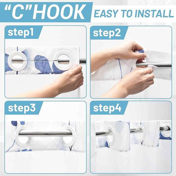 No Hook Shower Curtain with Snap in Liner - Watercolor Floral Shower Curtain - Fabric Waterproof Inner Liner, Plants Blue Flowers White Cloth Shower Curtains - Machine Washable, 71 x 74