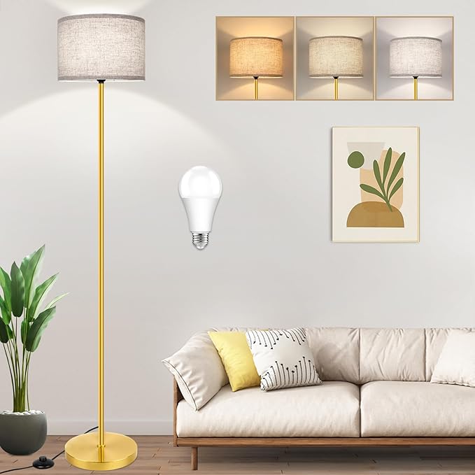 65‘’ Gold Floor Lamp with 3-Color Temperatures LED Bulb, Modern Industrial Tall light for Living Room, Minimalist Standing Lamp with Foot Switch, Gold Stand Lamp for Bedroom Office Nursery, E26 Base