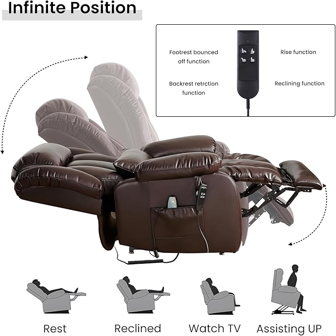 TEKAMON Power Lift Recliner Chair for Elderly with Heat & Massage, Dual Motor Genuine Leather Recliner, Lay Flat Sleeping Chairs with Infinite Position, RemoteControl(Brown, Extended)