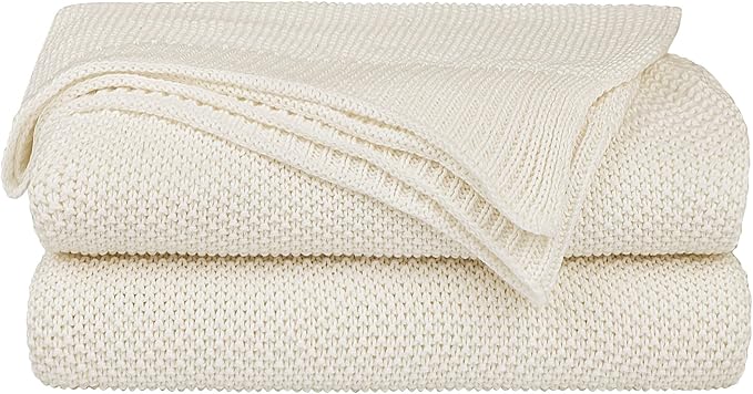 PiccoCasa 100% Cotton Knit Blanket Full Size,Solid Lightweight Decorative Throws and Blankets,Soft Knitted Throw Blanket for Sofa Couch, Beige 70" x 78"