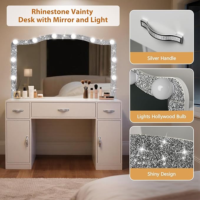 Vanity Desk with Mirror and Lights, Diamond Vanity Mirror with Lights, Makeup Table with Drawers, Cabinets and Power Outlet, 10 Lights 3 Color Lighting Modes, Adjustable Brightness, White