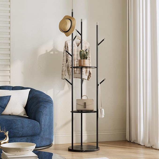 metal Coat Rack whit Marble base,heavy duty coat hanger Stand, Freestanding Coat Racks with 3 Shelves and 9 Hooks,Coat Tree for Entryway, Bedroom, Coats, Bags,purse,Sturdy and Easy to Assemble