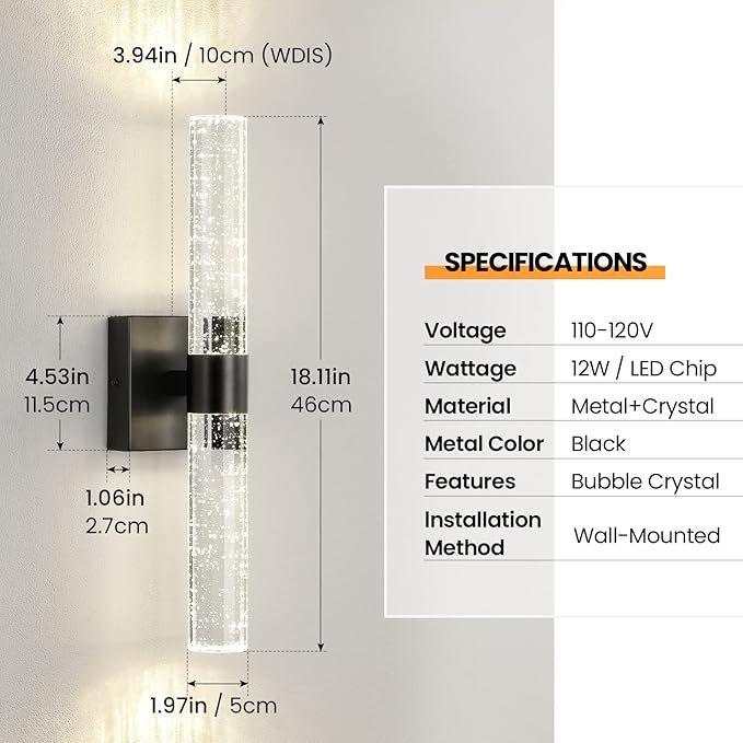 Black Modern LED Wall Sconce - 18 Inch Wall Sconces Set of Two 4000K Dimmable Crystal Sconce Wall Lighting Indoor Wall Mount Bathroom Vanity Light Fixtures for Bedroom Living Room, 12W