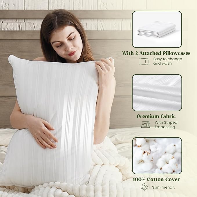 puredown Goose Feather Down Pillows, Bed Pillows for Sleeping with 2 Outer Protectors, Hotel Standard/Queen Pillows Set of 2 (Pack of 2)