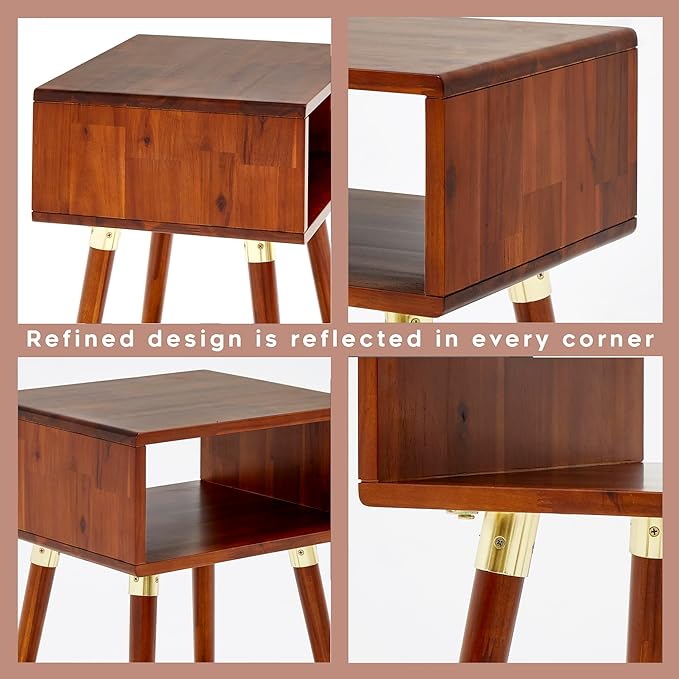 Bme Dinkee Solid Wood Nightstand, Fully Assembled, Without Drawer for Mid Century Bedroom and Living Room, Dark Chocolate