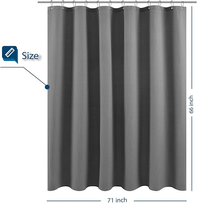 Short Shower Curtain Fabric with 66 inch Length, Waffle Weave, Hotel Luxury Spa, 230 GSM Heavy Duty, Water Repellent, Machine Washable, Gray Pique Pattern Decorative Bathroom Curtain
