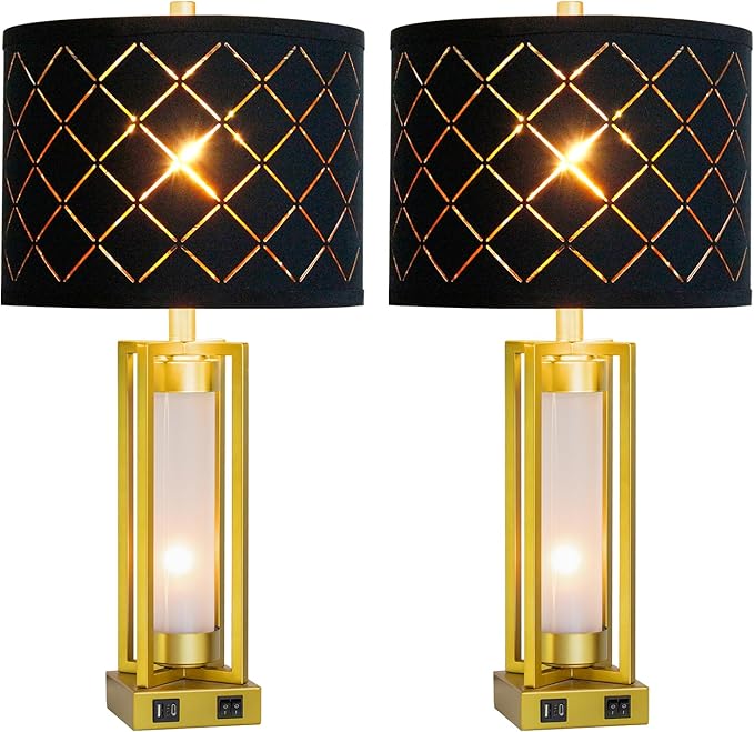 RORIANO Set of 2 Modern Table Lamps for Living Room Bedroom with USB C+A, Rustic Nightstand Lamps with White Night Light, Black Grid Shade, Desk Lamps for Bedside End Tables, 4 Bulbs Included (Gold)